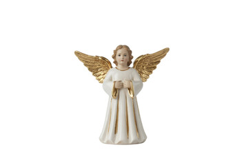 A beautiful white angel figurine with golden wings and accents, standing serenely. Perfect for holiday decor or spiritual themes. background removed