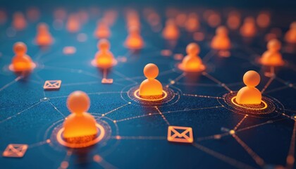 Abstract network of glowing people icons connected by lines and mail symbols. Digital communication, business connections, social network, data sharing concept visualization.