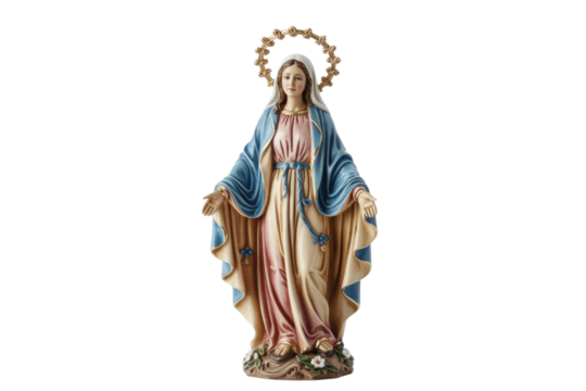 A beautiful statue of the Blessed Virgin Mary, Our Lady of Grace, with outstretched hands and a radiant halo. background removed
