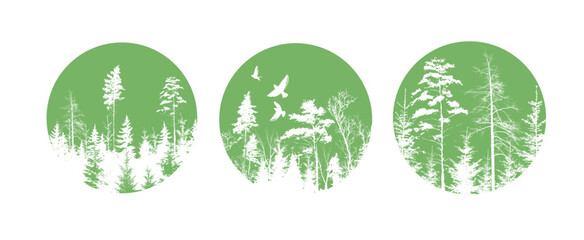Abstract forest set. Nature green Silhouette of tree and birds. hand drawn. Not AI, Vector illustration.