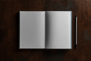 Open notebook with checkered sheets and pencil on wooden texture background, closeup, top view, copy space