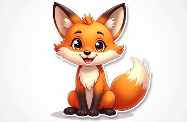 Fototapeta premium Cute cartoon fox sticker sitting on white background. Adorable orange animal with big eyes, bushy tail, and smiling mouth. Ideal for kids designs.