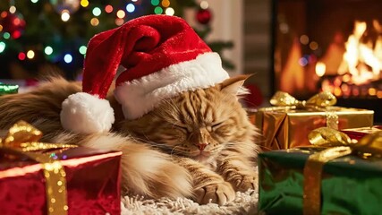 Ginger cat wearing a santa hat sleeps near christmas tree and gifts