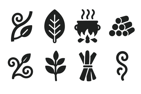 Plant Medicine Icons. Solid style icons of plant medicine representation: Ayahuasca Vine, Chacruna Leaf, Boiling Pot, Firewood
