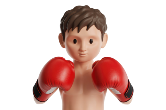 A 3D rendered young boy character with brown hair, wearing large red boxing gloves, ready for action on a transparent background. background removed - Powered by Adobe
