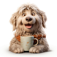 funny dog with a cup of coffee in his hand	
