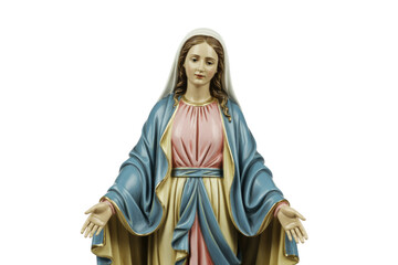 Fototapeta premium Detailed Virgin Mary statue in blue and pink robes, veiled, with open arms, symbolizing welcome and grace. background removed