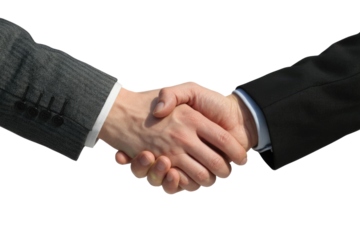 Two business professionals engage in a firm handshake, symbolizing a successful agreement, partnership, and mutual trust in a corporate setting. background removed