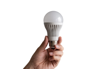 A hand firmly grasps a modern white LED light bulb, showcasing its energy-efficient design against a solid transparent background. background removed
