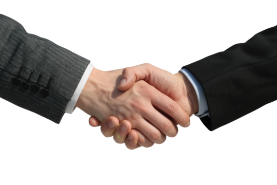 Two business professionals engage in a firm handshake, symbolizing a successful agreement, partnership, and mutual trust in a corporate setting. background removed