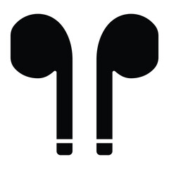 Earphones vector icon. Black silhouette of wireless earbuds in minimal flat design for music, podcast, or audio technology concept.