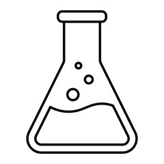 Laboratory flask with liquid and bubbles vector icon. Black outline chemistry beaker symbol for science, research, or education design.