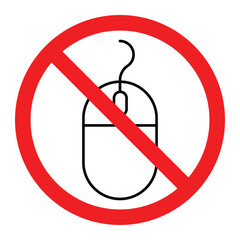 No computer mouse vector icon. Red prohibition sign with black mouse symbol for restricted device use, security, or access control design.