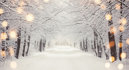 Snow-covered path through winter forest with soft bokeh lights. A serene winter scene shows a snow-covered path leading through a forest, illuminated by soft bokeh lights