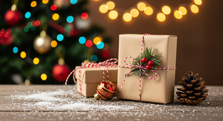 Christmas gifts under the tree with festive decorations and lights. Wrapped presents sit on a wooden table with a Christmas tree in the background, creating a warm holiday scene
