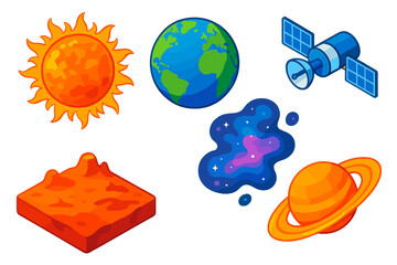 Galactic View Icons. Isometric vector illustration set Galactic View: solar sun, earth with continents, mars landscape, saturn