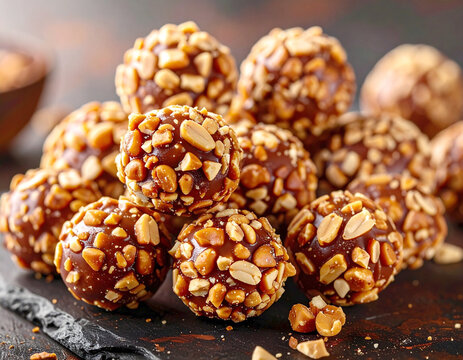 Chocolate peanut clusters, macro shot, selective focus. AI