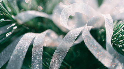 A close-up of a festive bow made of striped, colorful ribbon. The texture is smooth with folds, set against a backdrop of green pine branches. Christmas background.