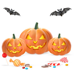 3D cartoon pumpkins bats and candies isolated on transparent background, PNG file