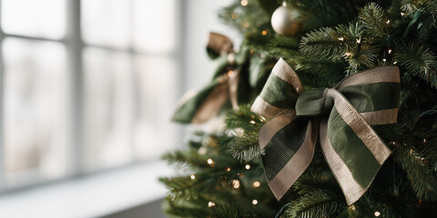A close-up of a festive Christmas tree adorned with colorful striped bows and ribbons. The decor features rich textures and vibrant accents, enhancing the holiday spirit.