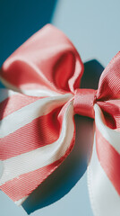 A colorful striped bow made of fabric, featuring pink and white stripes. The bow has a smooth texture and is suitable for festive decorations or gift wrapping. Christmas background.