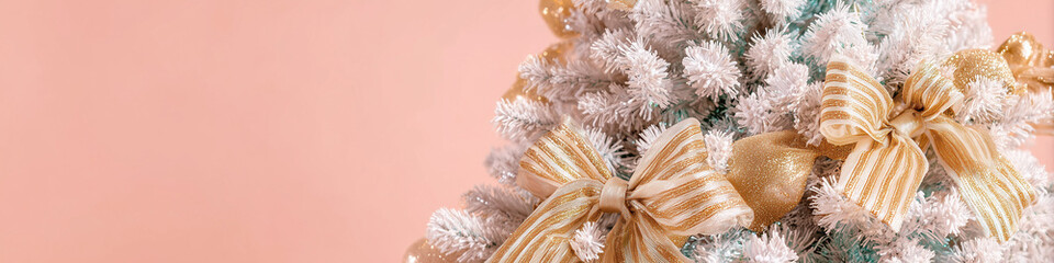 Colorful striped bows and ribbons adorn a festive tree. The decor features a maximalist style with various textures and folds, creating a vibrant accent. Christmas background.