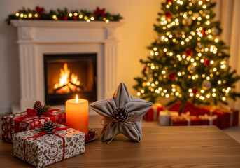 Cozy Christmas scene with fireplace, decorated tree, and wrapped gifts. A warm and inviting holiday setting with a lit fireplace, Christmas tree, and presents creates a festive atmosphere