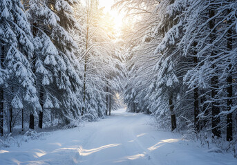 Snow-covered forest path leads toward the bright winter sun. A serene winter scene shows a snow-covered path winding through a forest of snow-laden trees, bathed in sunlight