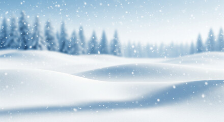 Snowy winter landscape with falling snowflakes and evergreen trees in the background
