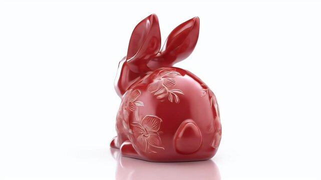Red Ceramic Rabbit Statue on White Background.