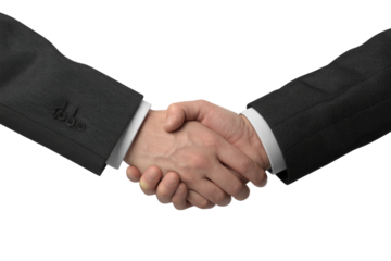 Two business people in black suits and white shirts shaking hands, symbolizing agreement, partnership, and successful collaboration. background removed
