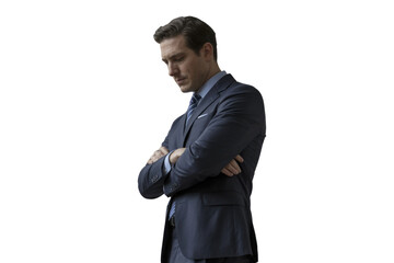 A thoughtful businessman in a dark suit stands with arms crossed, looking down with a serious expression against a transparent background. background removed
