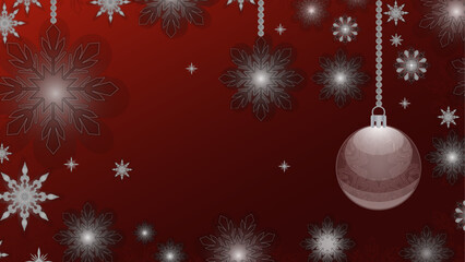 Luxurious red holiday background with glowing silver snowflakes and a shiny Christmas bauble. Perfect for festive greeting cards, invitations, banners, winter sales, and elegant New Year designs.