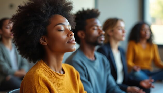 Diverse group of people meditating together in workshop focused on workplace wellness, mental health. Participants sit calmly with eyes closed, practicing mindfulness techniques for stress reduction,