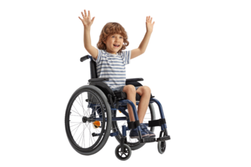 Happy young boy with curly hair in a wheelchair, smiling joyfully and raising both hands excitedly, celebrating life and inclusion. background removed