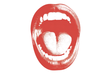 A stylized red mouth with an open, textured interior, possibly depicting a split tongue or two heart shapes, against a dark transparent background. background removed