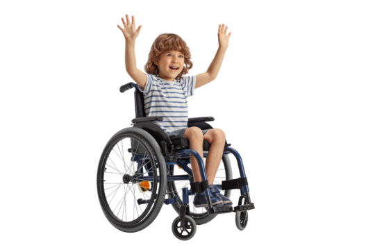 Happy young boy with curly hair in a wheelchair, smiling joyfully and raising both hands excitedly, celebrating life and inclusion. background removed