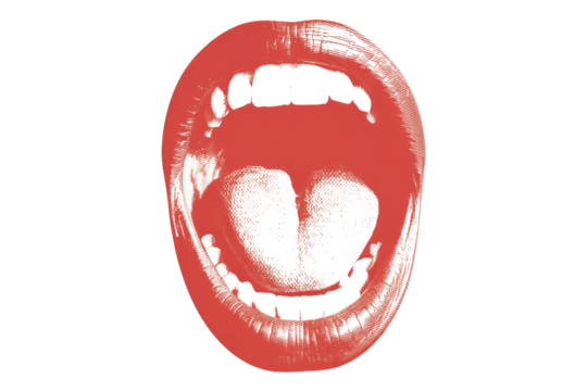 A stylized red mouth with an open, textured interior, possibly depicting a split tongue or two heart shapes, against a dark transparent background. background removed