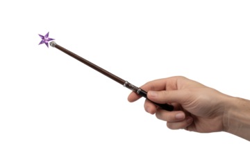 A human hand holds a brown magic wand, adorned with a shimmering purple five-pointed star at its tip, against a transparent background. background removed