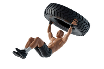 A muscular man performing hanging leg raises, suspended by his arms gripping a heavy tractor tire. Dynamic fitness workout demonstrating core strength. background removed