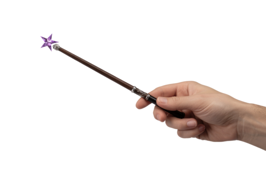A human hand holds a brown magic wand, adorned with a shimmering purple five-pointed star at its tip, against a transparent background. background removed