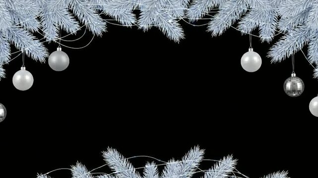 christmas animated frame Frosted fir branches with blue christmas lights and ornaments