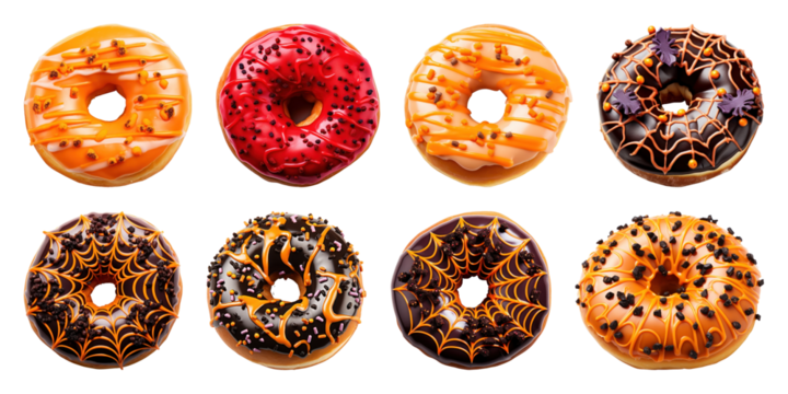 Colorful Halloween-themed donuts.