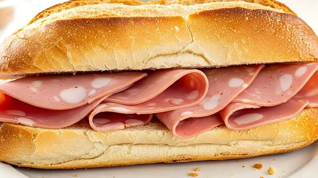 Closeup of a long sandwich filled with sliced mortadella