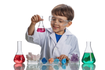 A joyful young boy in a lab coat and safety goggles holds a flask with pink liquid, surrounded by colorful scientific experiments and crystals. background removed