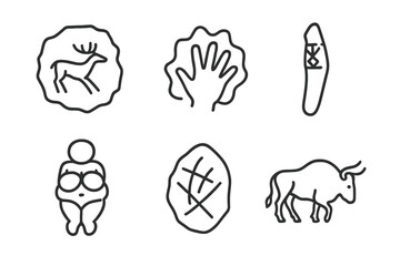 Ice Age Iconography. Line style icons of Ice Age art: cave painting, hand stencil, carved bone tool, figurine, engraved stone,