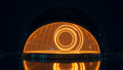 The glowing neon sign, a digital illustration, displays a futuristic blue circle icon representing internet technology and communication