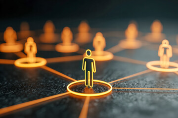 Glowing interconnected human icons representing a digital network concept emphasizing social connections and collaboration in modern technology environments