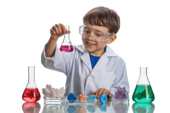 A joyful young boy in a lab coat and safety goggles holds a flask with pink liquid, surrounded by colorful scientific experiments and crystals. background removed