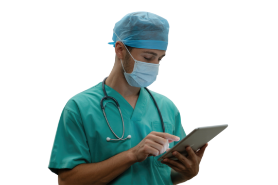 A focused male doctor in scrubs and mask uses a digital tablet, representing modern healthcare technology and medical professionalism. background removed